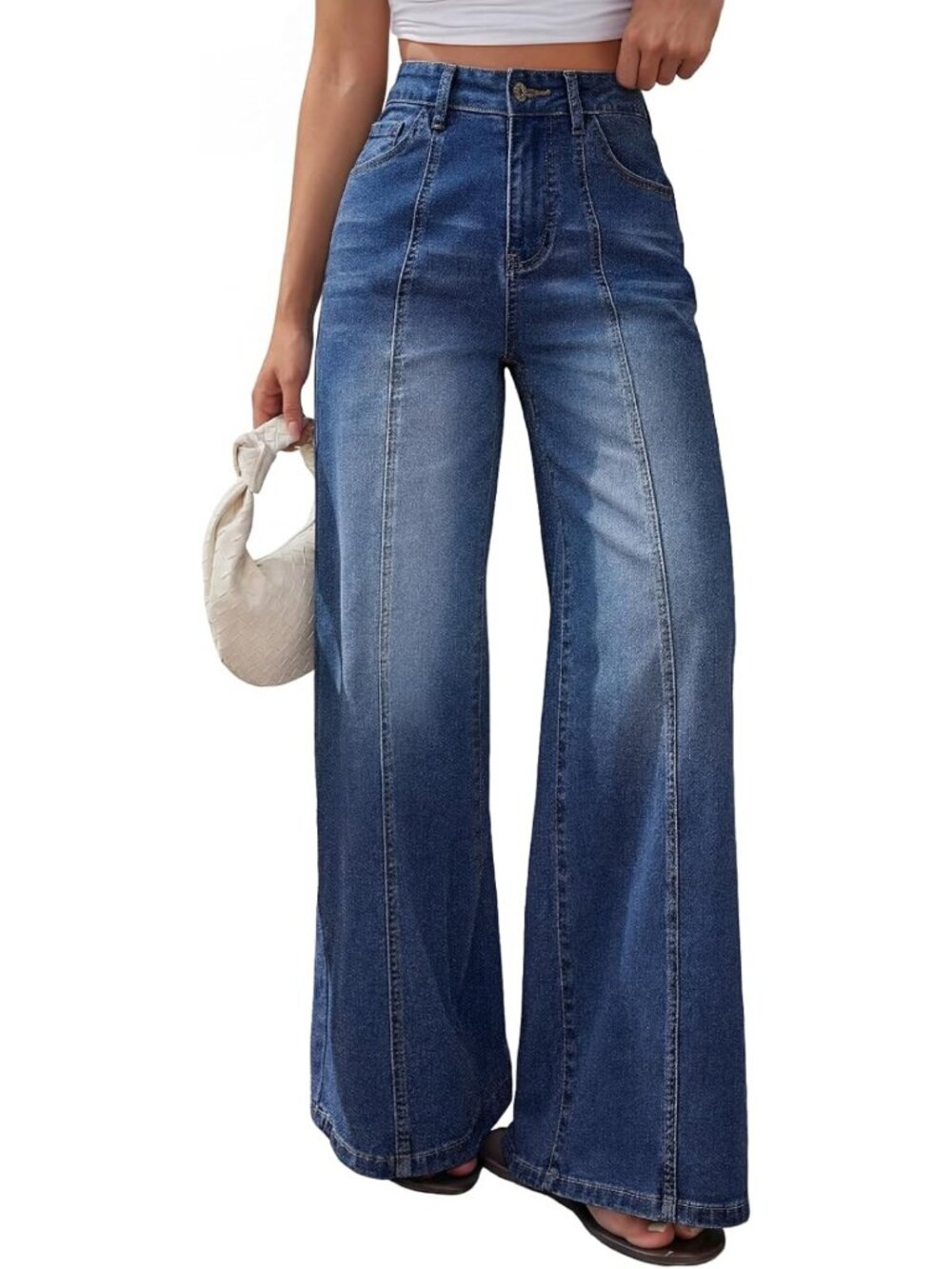 Chic High-Waisted Wide Leg Baggy Jeans with Front Seam - Trendy Women's Fashion